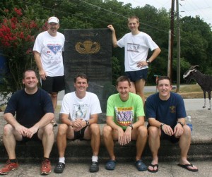 Picture of the group of us at the memorial at the bottom of the mountain
