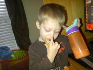 Max enjoys a donut with milk.